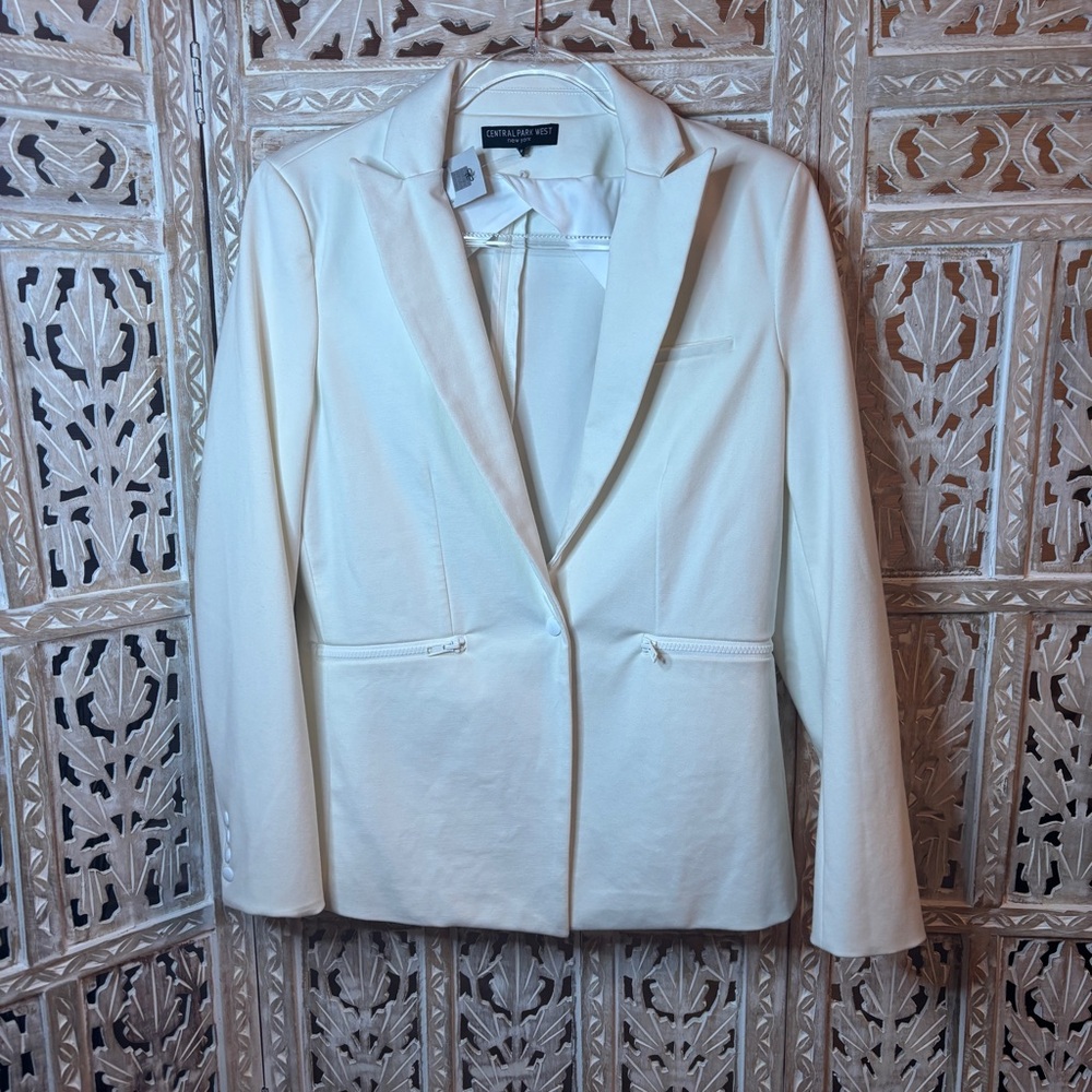 NWT Central Park West Ivory One Button Office Preppy Blazer Zipper Pockets